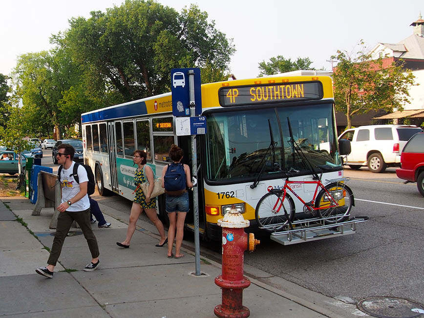 Metro Transit bus with bikes on the front.