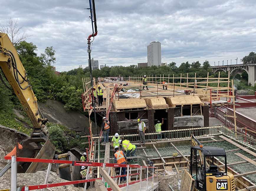 The side view of construction on bridge 9.