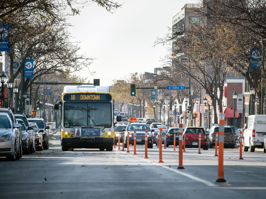 Bus in bus lane with safety cones