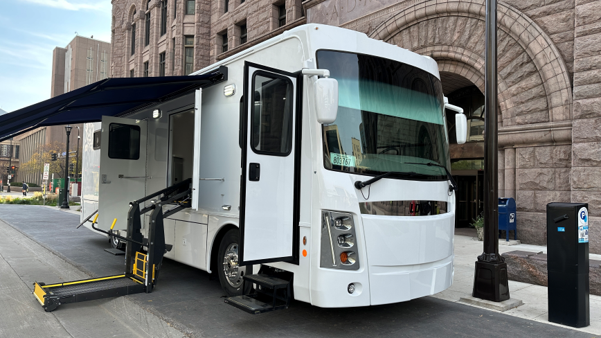 Mobile medical unit in front of city hall