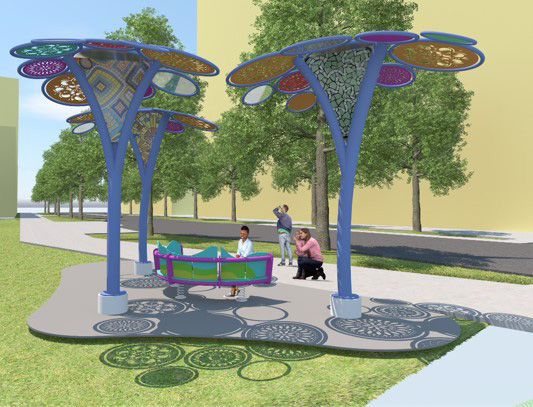 Artist drawing of tree canopy in park with a person sitting on a bench.