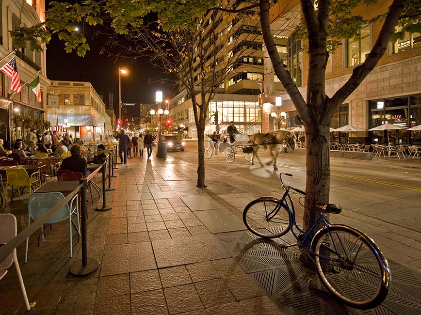 Diners and visitors on Nicollet Mall before its renovation; Courtesy of Meet Minneapolis.