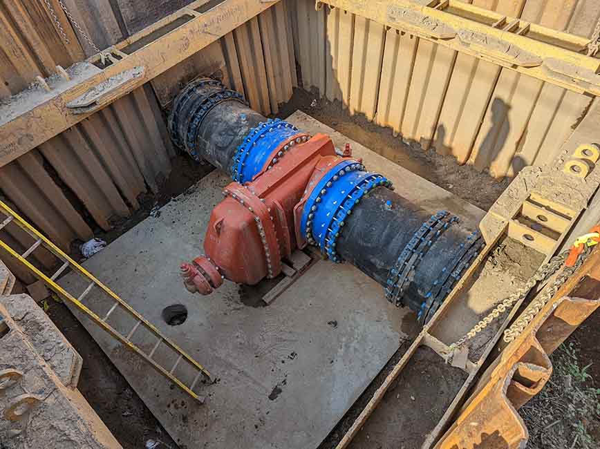 An access hole for a valve on a 36-inch water main. 