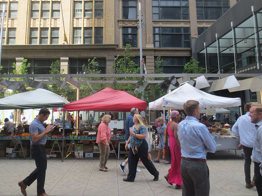 People at the farmers market on Nicollet Mall.