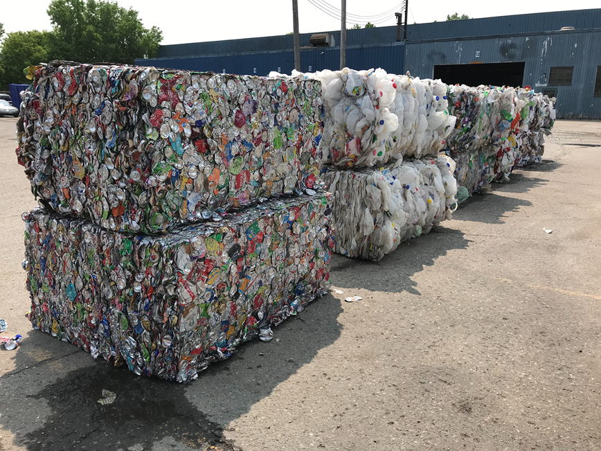 bale of steel cans, plastic #2, plastic #1