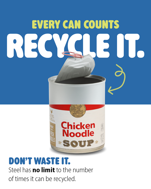 Every can counts. Recycle it. Don't waste it. Steel has no limit to the number of times it can be recycled.