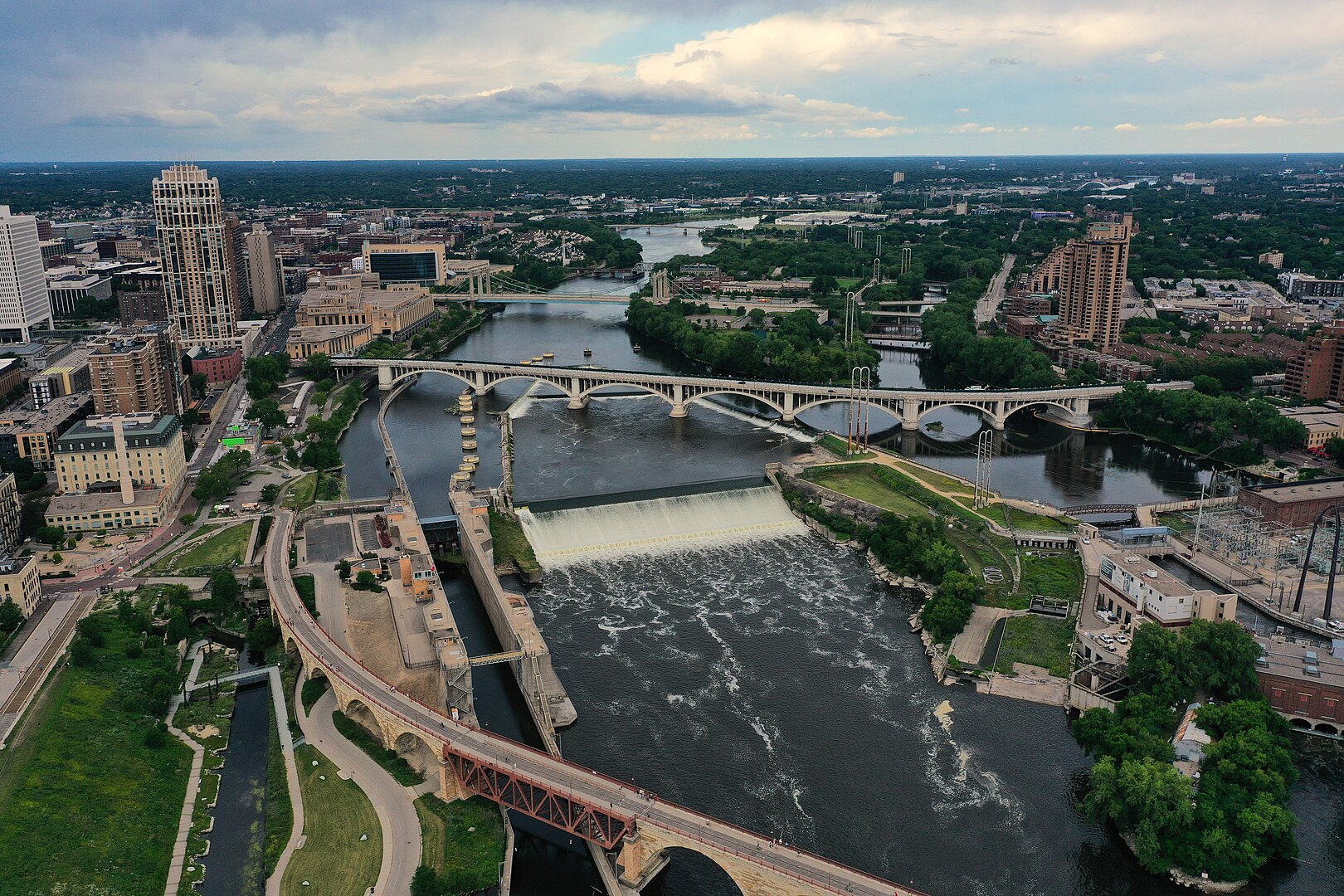 Aerial view of the upper St. Anthony Falls lock and dam