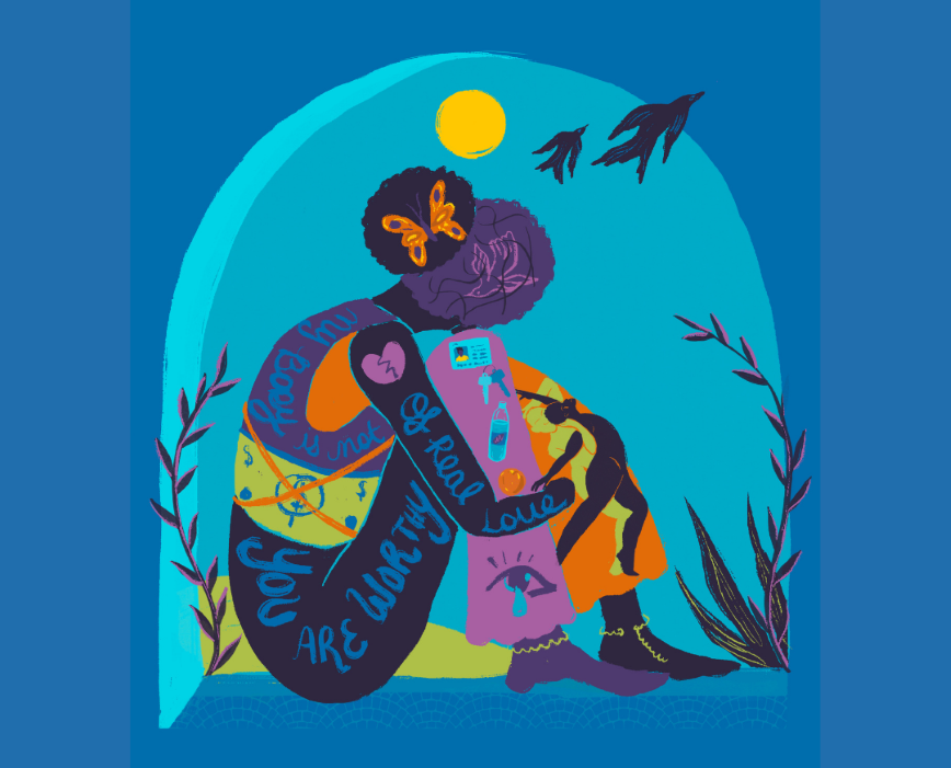 Illustration of woman crouched with plants growing by her sides and sun over her.