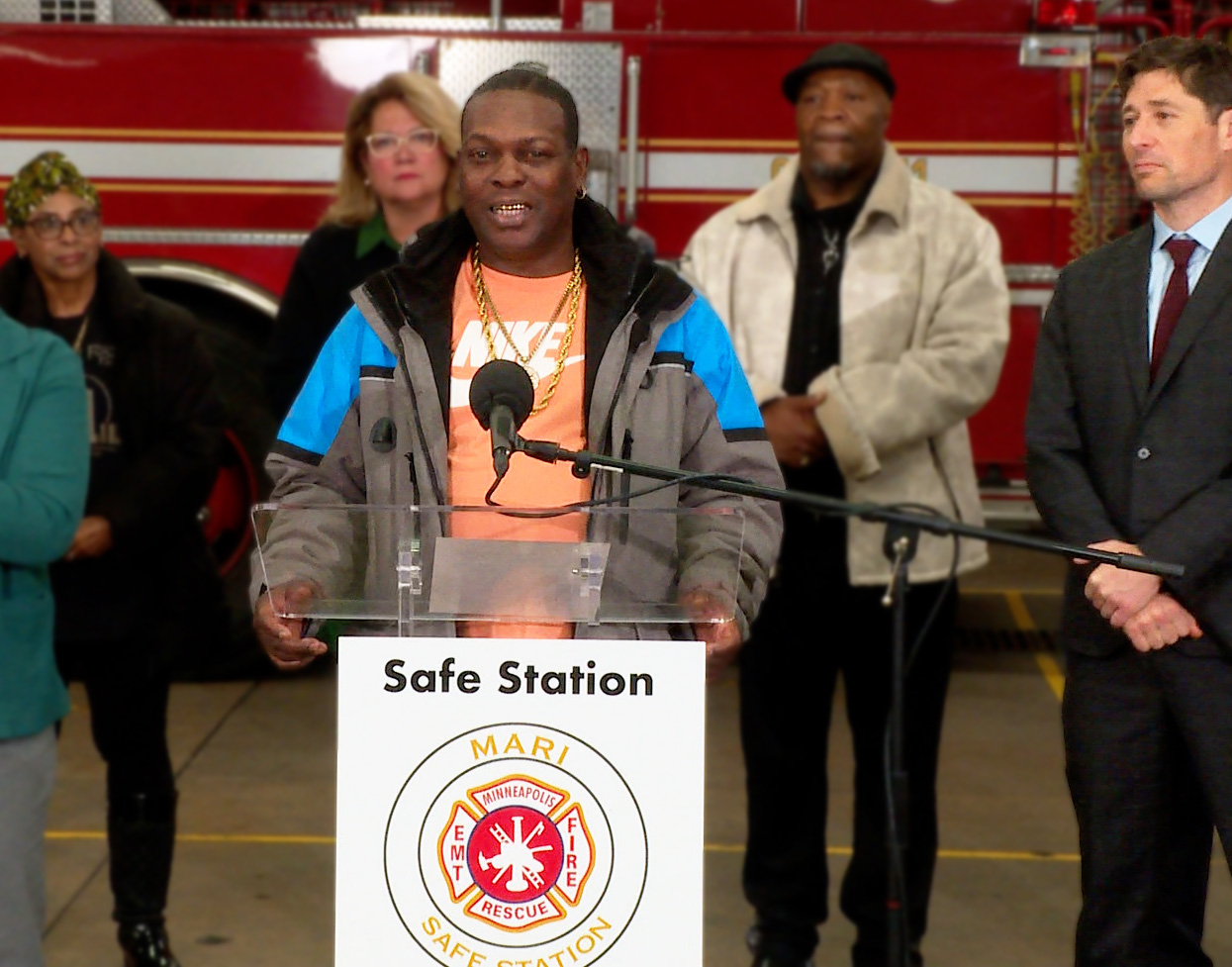 Jeffrey Bost, who received support at a Safe Station, speaks at a press conference