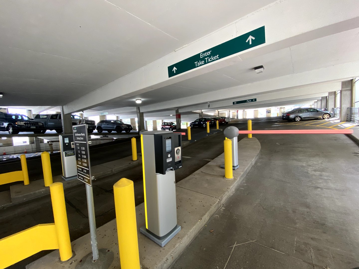 Inside of a parking ramp, at the gate