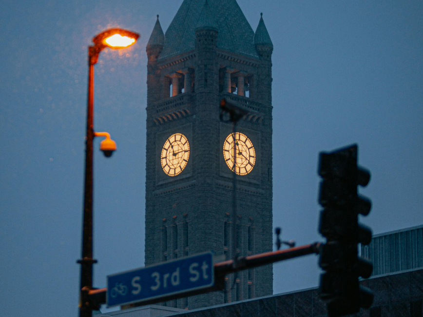Street lights in front of Minneapolis City Hall